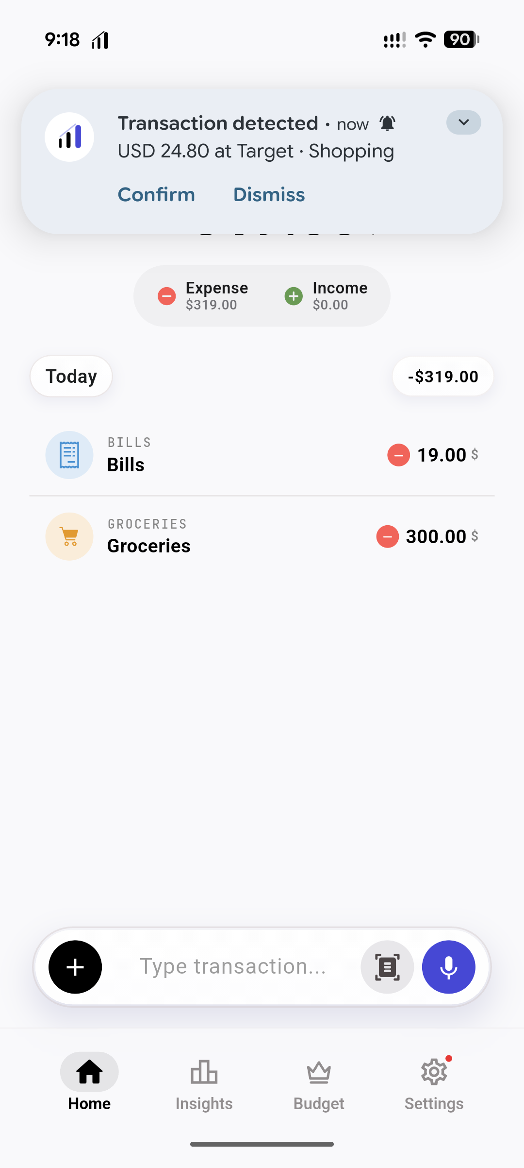 Minto Auto Entry notification showing a Target transaction ready to confirm or dismiss